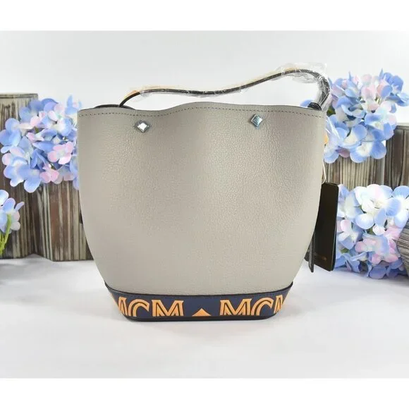 MCM Yellow Grey Goatskin Mini Upcycling Project Flower Milano Drawstring Bag NWT - Picture 4 of 8